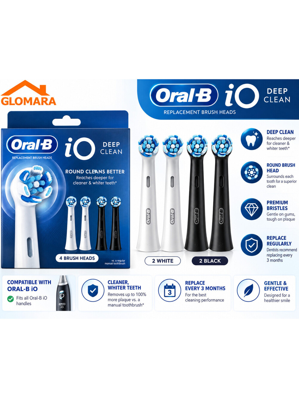 Oral-B iO Replacement Brush Heads 4 Pack Deep Clean Black White Compatible NEW